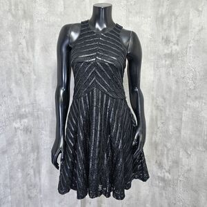 ANGL Womens M Black Faux Leather Stripe Lace Fit Flare‎ Peekaboo Back Dress LBD